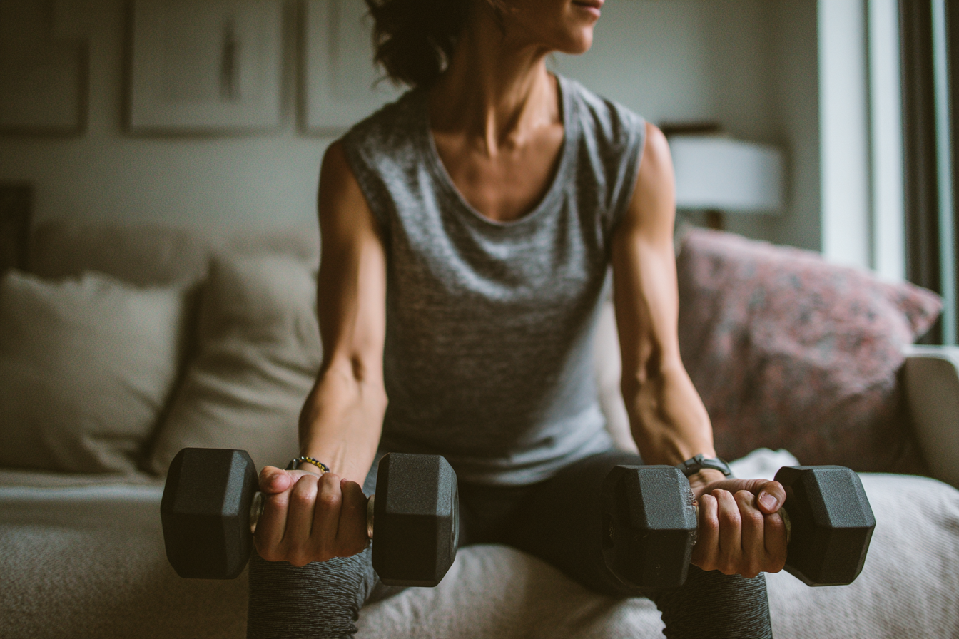 Woman using Follow Along Workouts app for a home fitness workout